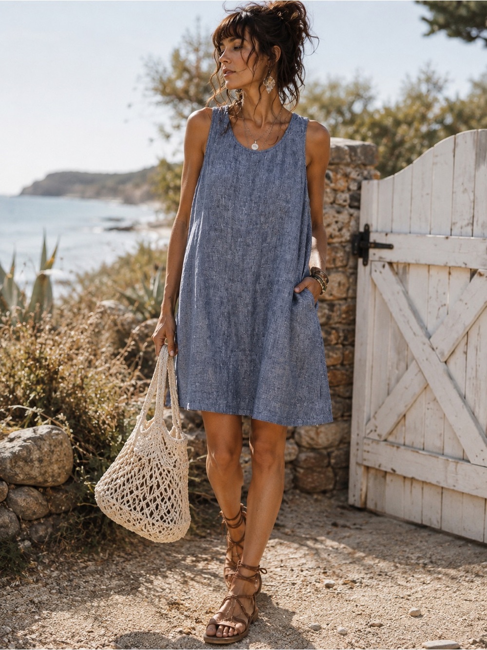 Sigrid Olsen 100% Linen Blue Chambray A-Line Shift Dress Small Coastal Lagenlook
